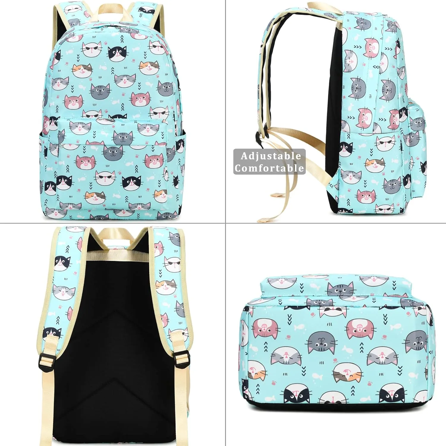 DSIUE Kids Backpack for Girls Elementary BookBags Teens Middle School Backpack with Lunch Box Cat Lake Blue