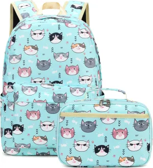 DSIUE Kids Backpack for Girls Elementary BookBags Teens Middle School Backpack with Lunch Box Cat Lake Blue
