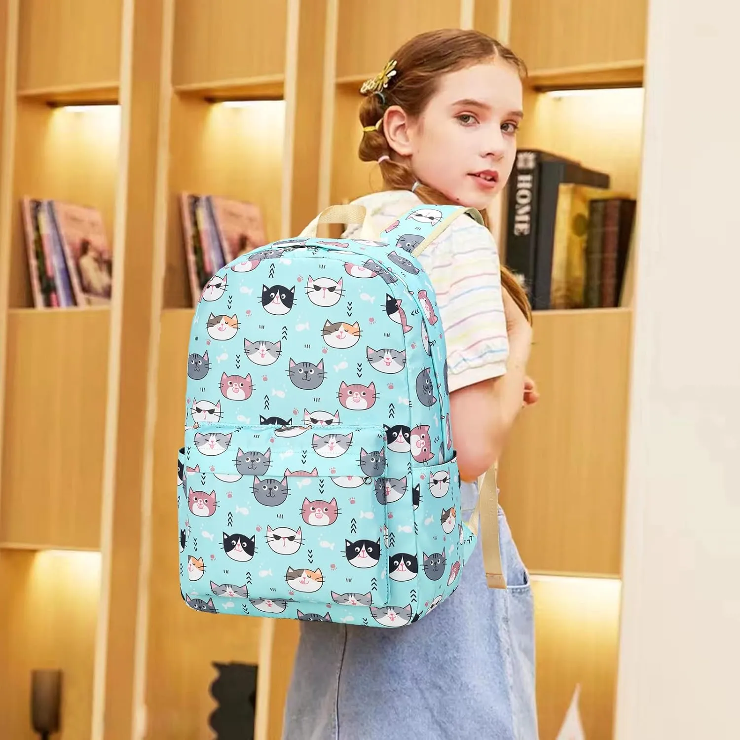 DSIUE Kids Backpack for Girls Elementary BookBags Teens Middle School Backpack with Lunch Box Cat Lake Blue