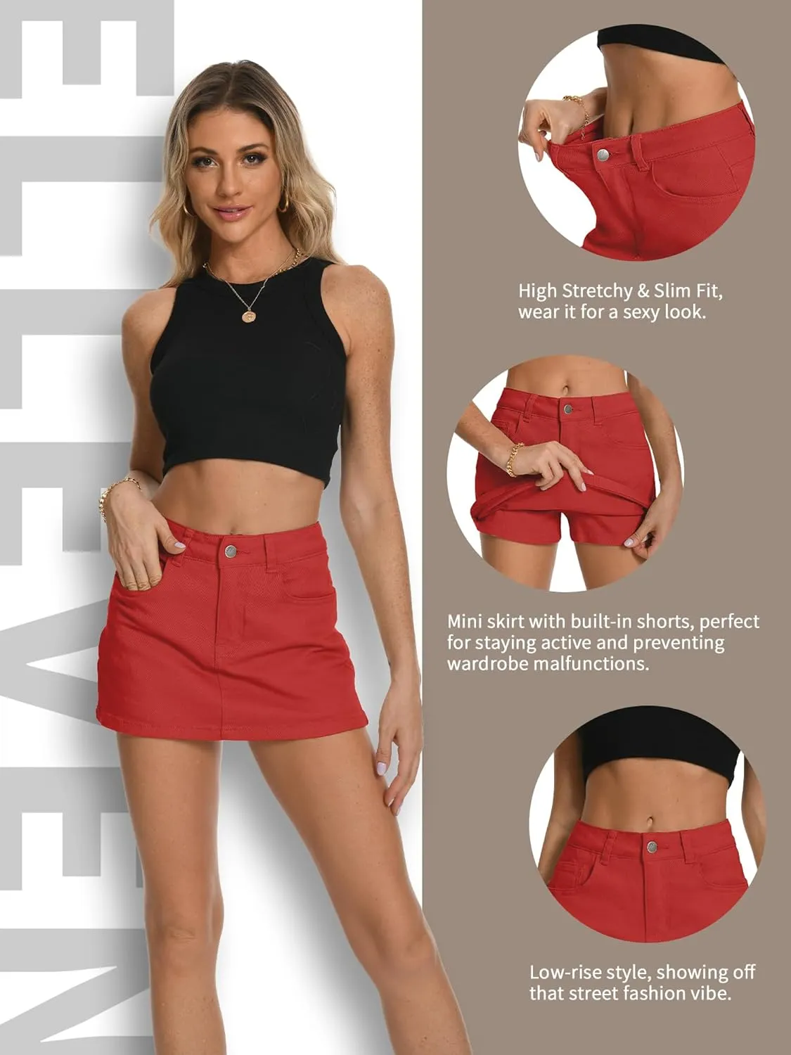 ELLEVEN High Stretchy Mini Skort Skirt for Women,Low Waist Denim Skort Shorts with Pockets