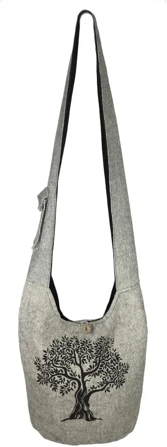 Fair Trade Large Sling Crossbody Shoulder Bag Purse Hippie Hobo Gypsy Bohemian, Grey Tree