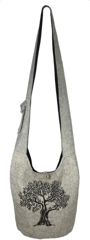 Fair Trade Large Sling Crossbody Shoulder Bag Purse Hippie Hobo Gypsy Bohemian, Grey Tree