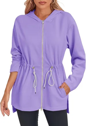 Fisoew Women's Zip Up Hoodie Sweatshirts Oversized Long Sleeve Casual Drawstring Waist Side Slit Tunic Tops