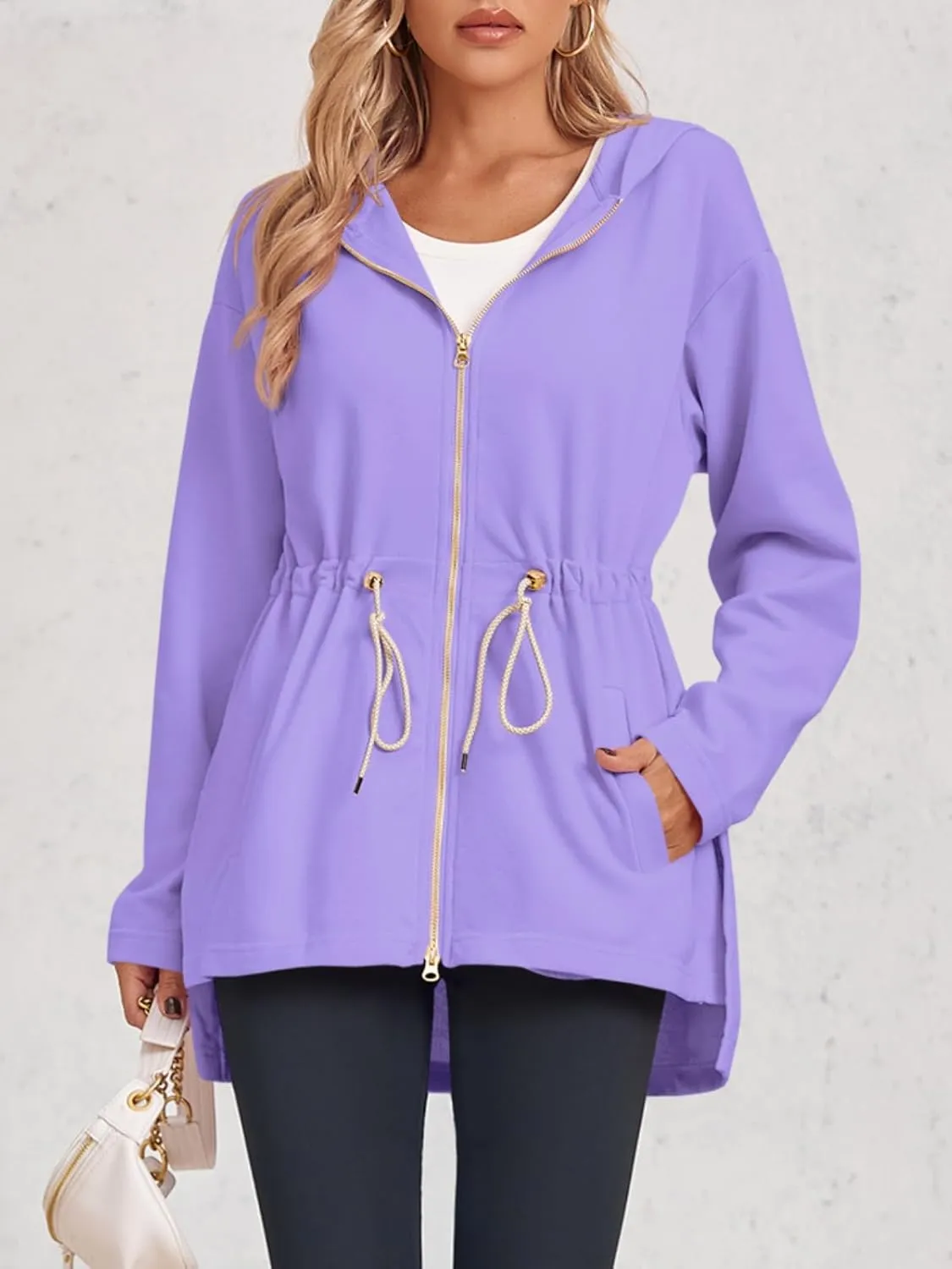 Fisoew Women's Zip Up Hoodie Sweatshirts Oversized Long Sleeve Casual Drawstring Waist Side Slit Tunic Tops
