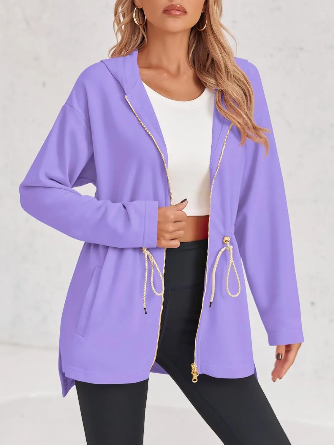 Fisoew Women's Zip Up Hoodie Sweatshirts Oversized Long Sleeve Casual Drawstring Waist Side Slit Tunic Tops