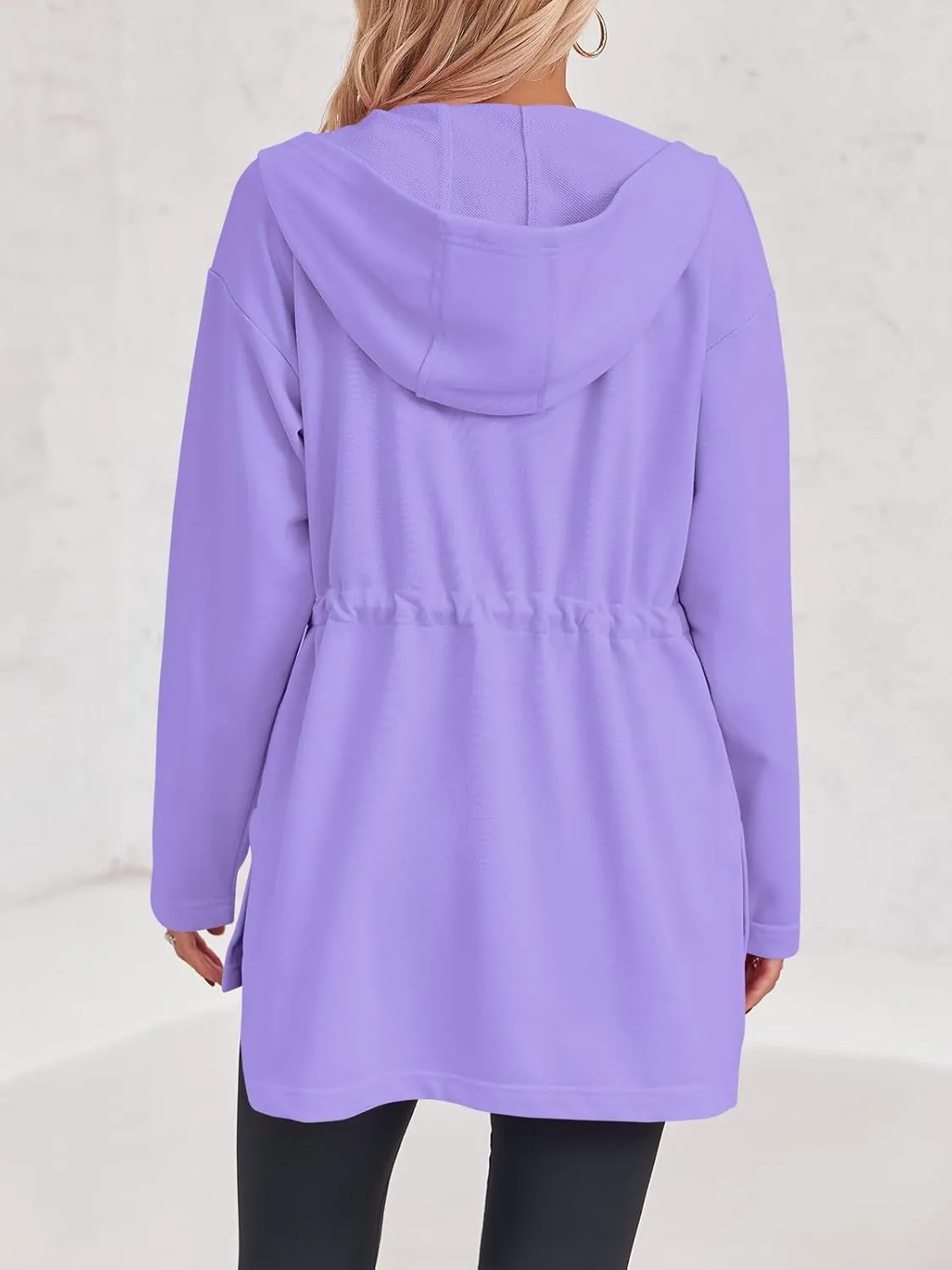 Fisoew Women's Zip Up Hoodie Sweatshirts Oversized Long Sleeve Casual Drawstring Waist Side Slit Tunic Tops