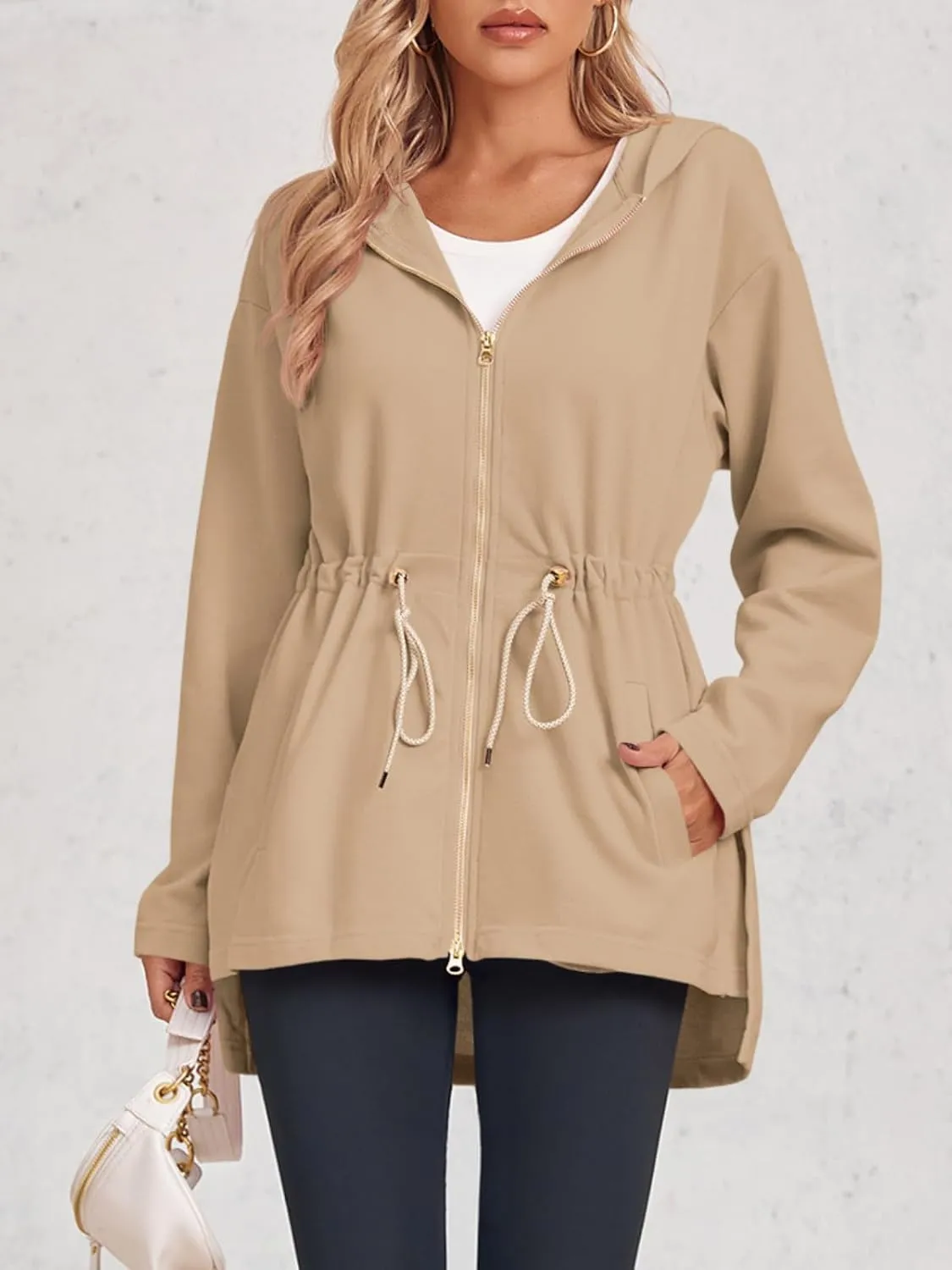 Fisoew Women's Zip Up Hoodie Sweatshirts Oversized Long Sleeve Casual Drawstring Waist Side Slit Tunic Tops