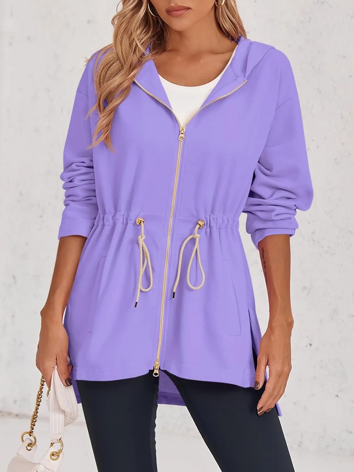 Fisoew Women's Zip Up Hoodie Sweatshirts Oversized Long Sleeve Casual Drawstring Waist Side Slit Tunic Tops