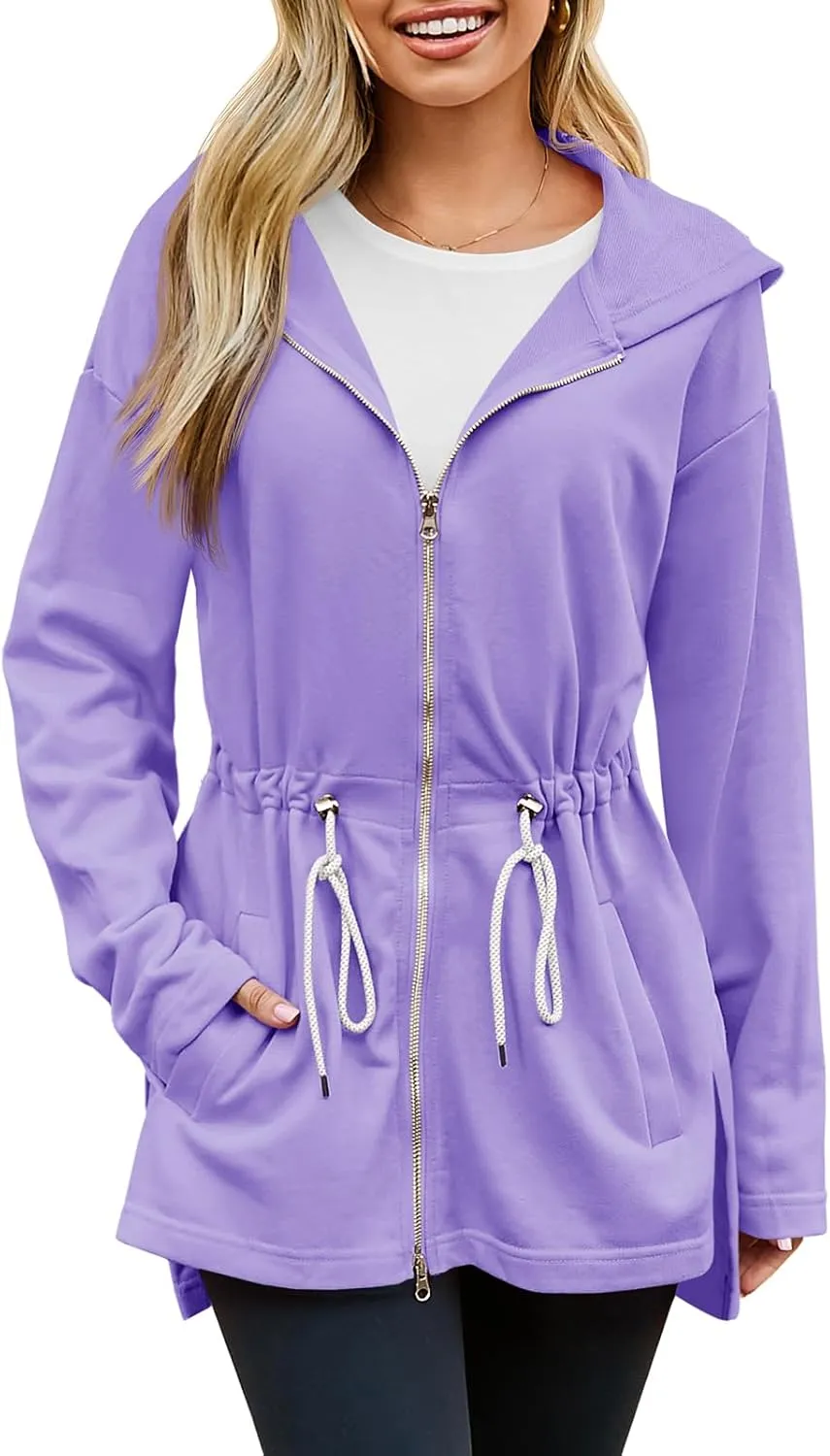 Fisoew Women's Zip Up Hoodie Sweatshirts Oversized Long Sleeve Casual Drawstring Waist Side Slit Tunic Tops
