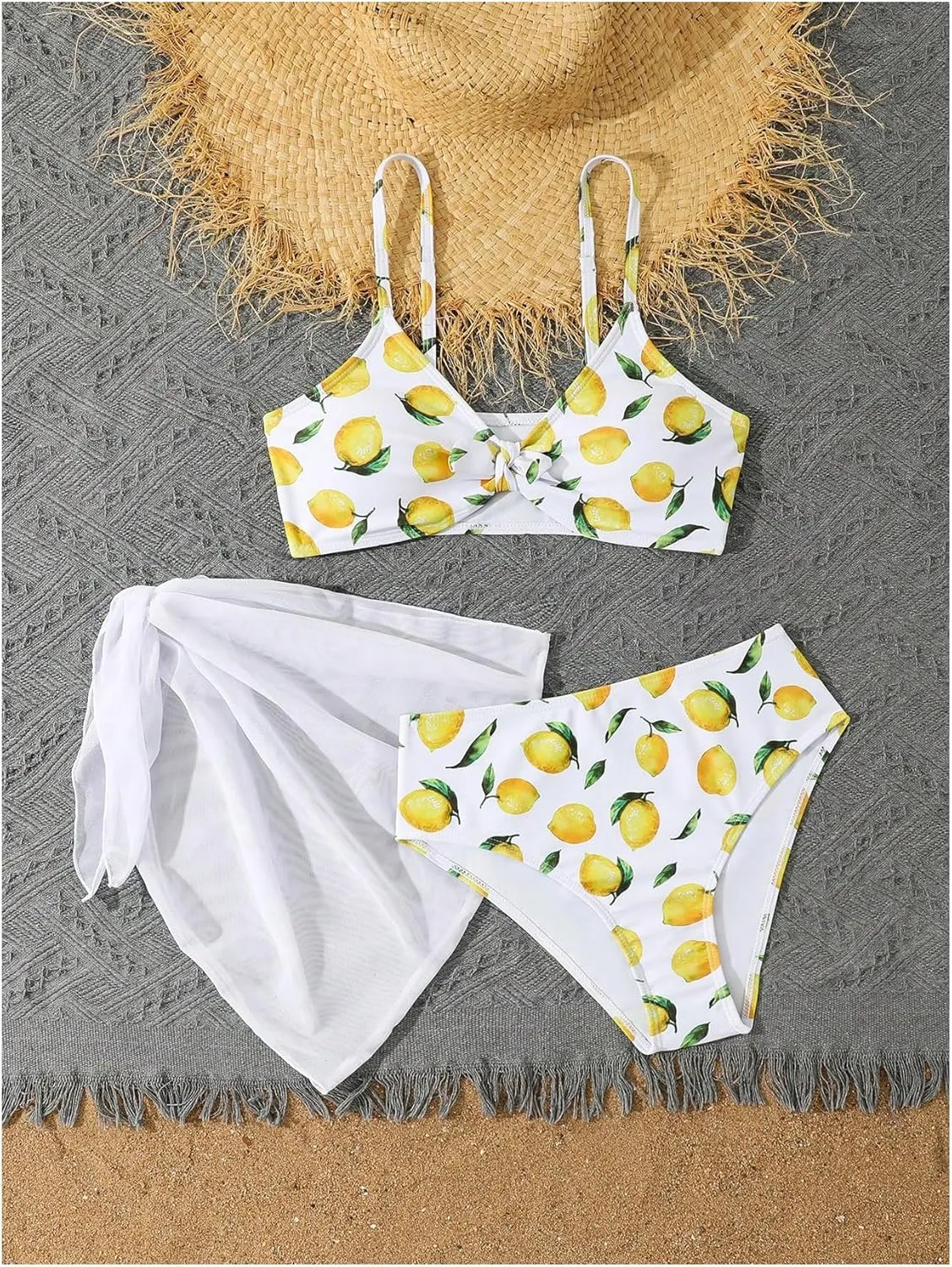 Floerns Girl's 3 Piece Swimsuit Cherry Print Cute Bikini Set with Cover Up Skirt