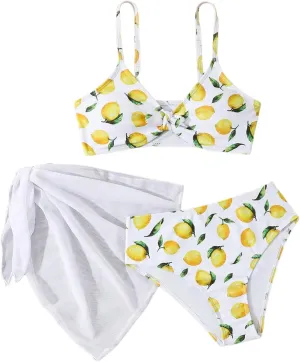 Floerns Girl's 3 Piece Swimsuit Cherry Print Cute Bikini Set with Cover Up Skirt