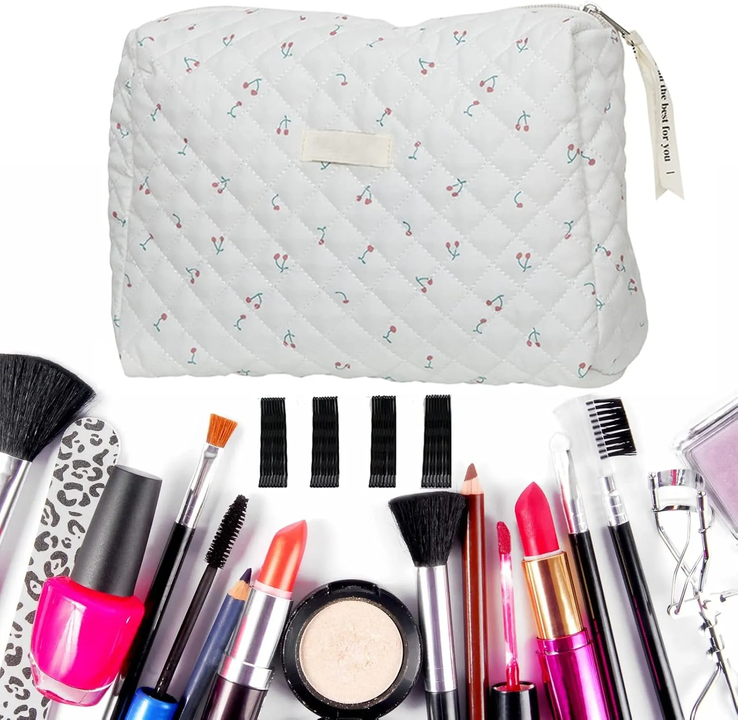 Floral Makeup Bag 36*hair Clips,cute Pouch Cotton Travel Cosmetic Bag Large Capacity Portable Storage Zipper Purse for Women,Mummy Bag Diaper Bag (White cherry)