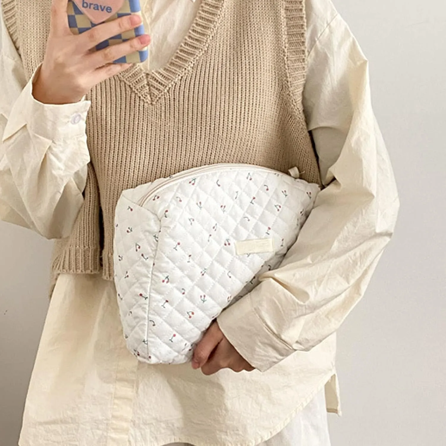 Floral Makeup Bag 36*hair Clips,cute Pouch Cotton Travel Cosmetic Bag Large Capacity Portable Storage Zipper Purse for Women,Mummy Bag Diaper Bag (White cherry)