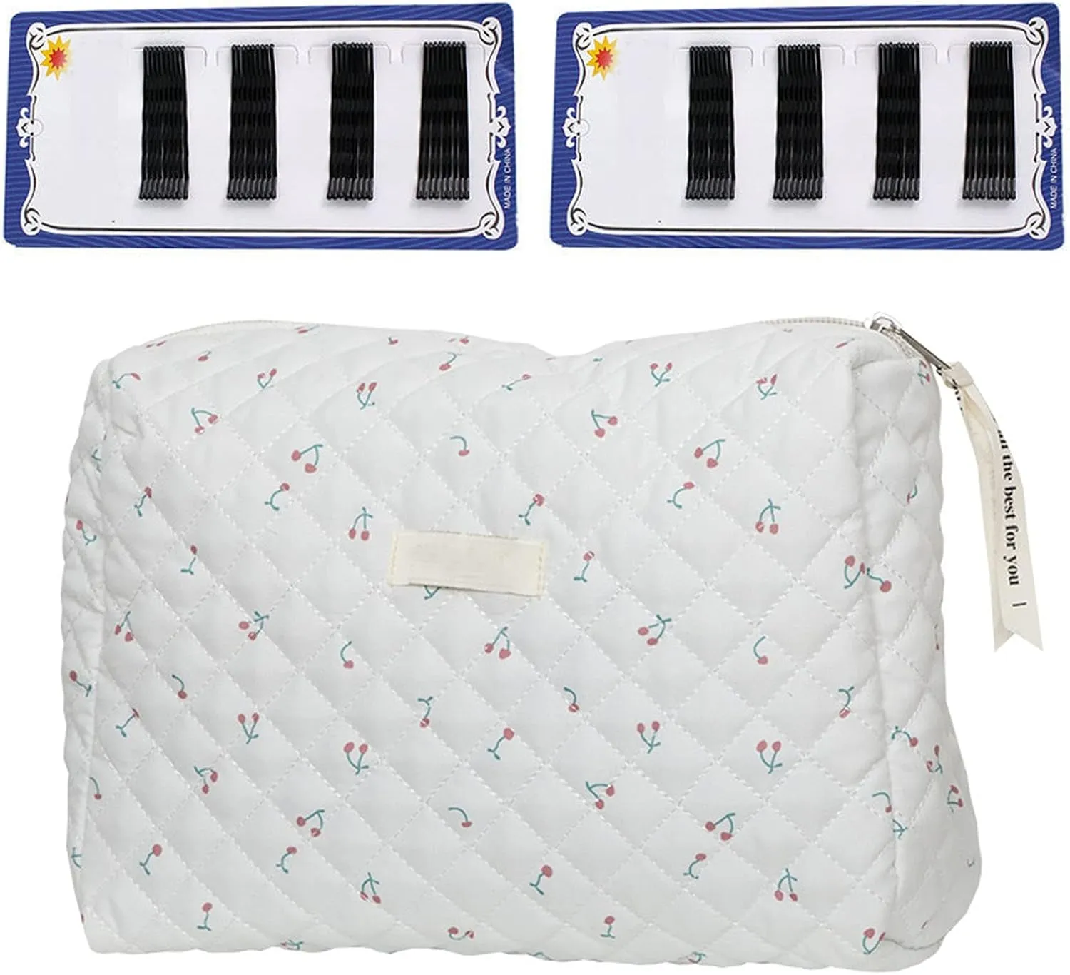 Floral Makeup Bag 36*hair Clips,cute Pouch Cotton Travel Cosmetic Bag Large Capacity Portable Storage Zipper Purse for Women,Mummy Bag Diaper Bag (White cherry)