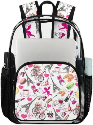 France Paris Theme Heavy Duty Clear Backpack Paris Eiffel Tower Large See Through Backpacks PVC Transparent Clear Bag for Women Men Security Stadium Work Travel Events Concert