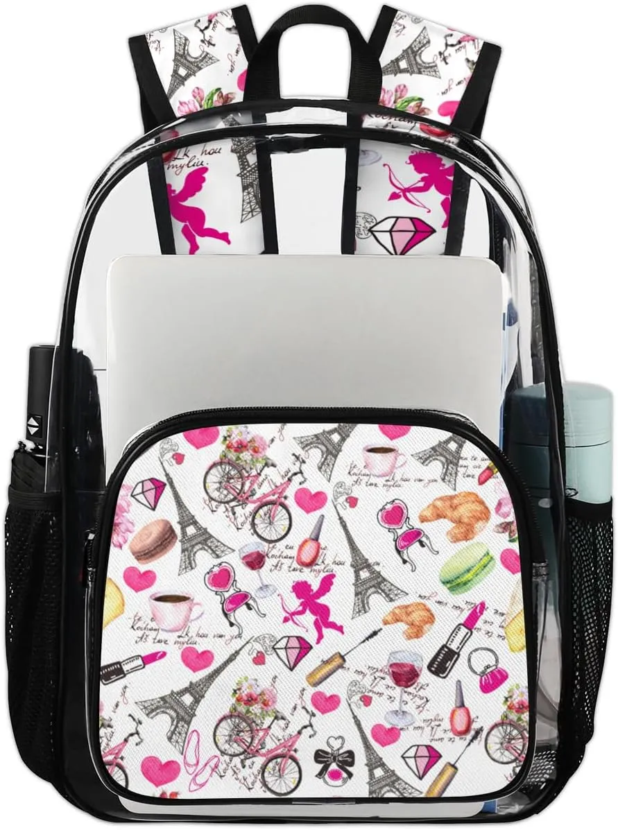 France Paris Theme Heavy Duty Clear Backpack Paris Eiffel Tower Large See Through Backpacks PVC Transparent Clear Bag for Women Men Security Stadium Work Travel Events Concert