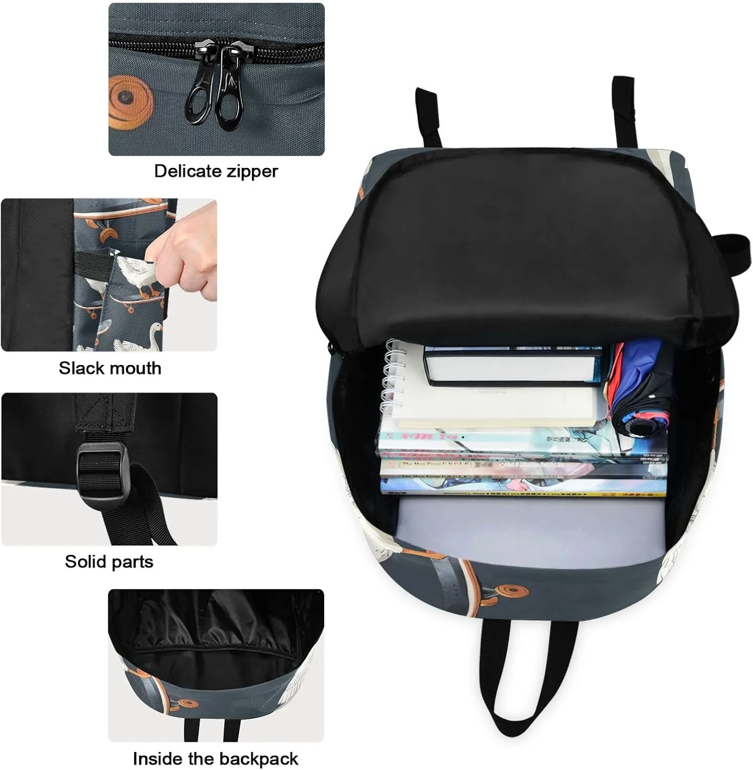 Geese Riding Skateboards Black School Bags Waterproof Beach Backpack, Boys Backpacks Elementary