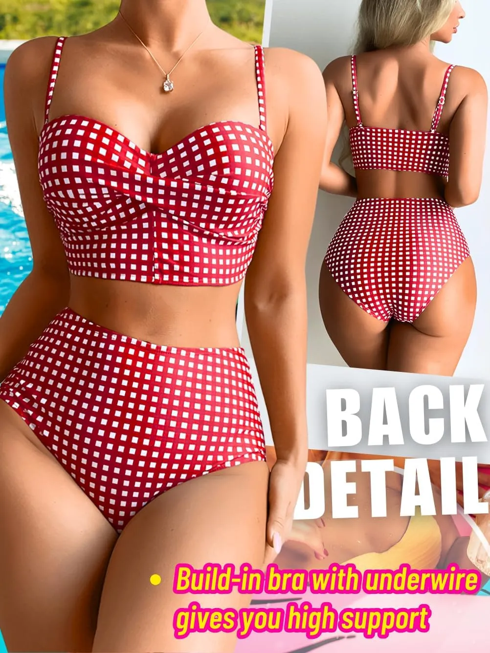 Gingham Bikini,Underwire Push Up Sexy Swimsuits for Women,Cheeky High Waisted Bikinis Sets Cruise Beach Pool Party