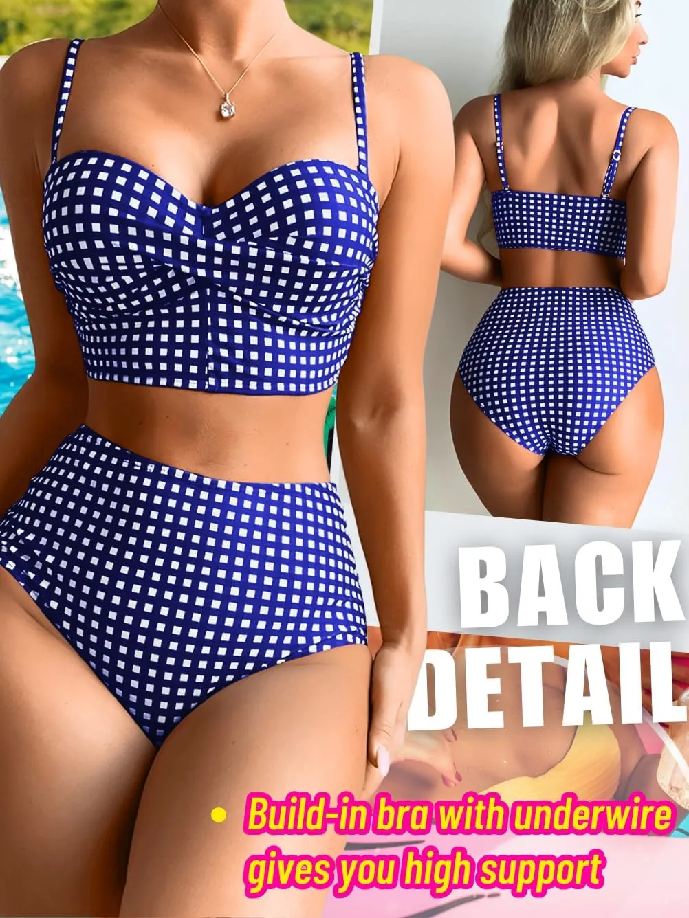 Gingham Bikini,Underwire Push Up Sexy Swimsuits for Women,Cheeky High Waisted Bikinis Sets Cruise Beach Pool Party