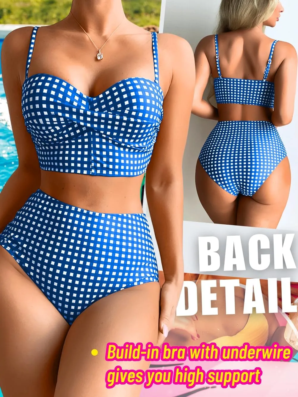 Gingham Bikini,Underwire Push Up Sexy Swimsuits for Women,Cheeky High Waisted Bikinis Sets Cruise Beach Pool Party