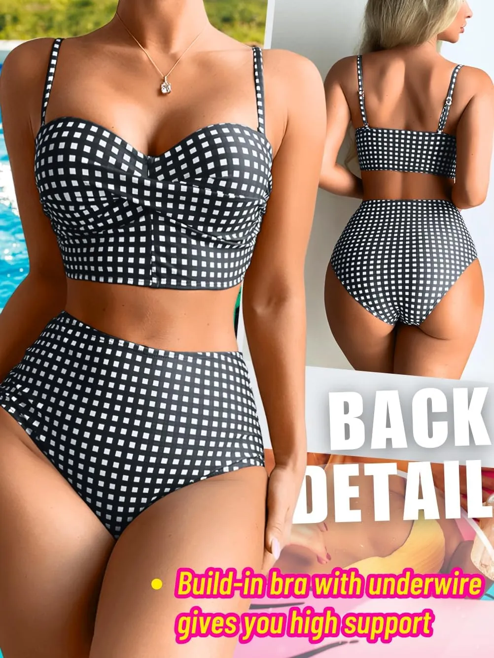Gingham Bikini,Underwire Push Up Sexy Swimsuits for Women,Cheeky High Waisted Bikinis Sets Cruise Beach Pool Party