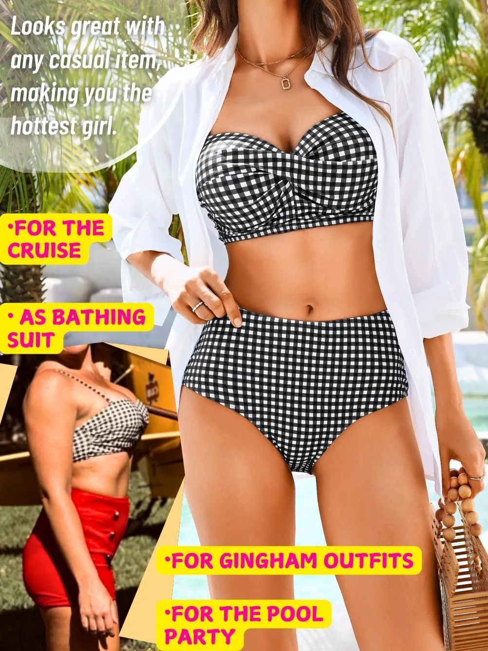 Gingham Bikini,Underwire Push Up Sexy Swimsuits for Women,Cheeky High Waisted Bikinis Sets Cruise Beach Pool Party