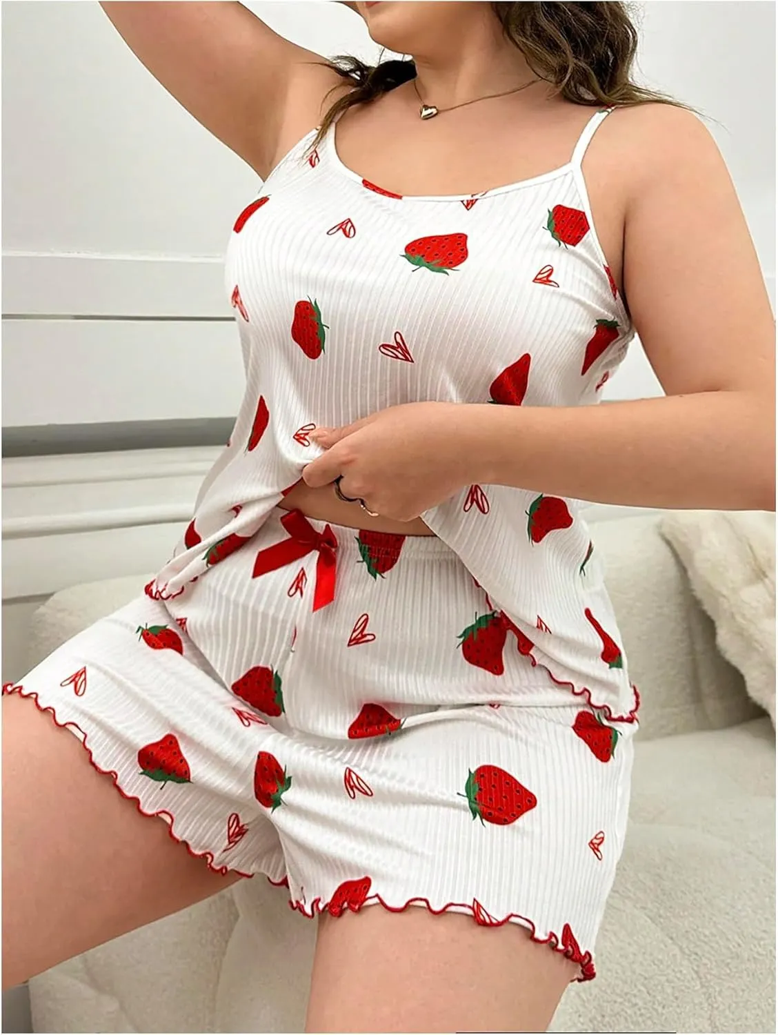GORGLITTER Women's Plus Size 2 Piece Pajama Set Cute Printed Sleeveless Cami Top Lettuce Trim Shorts Loungewear