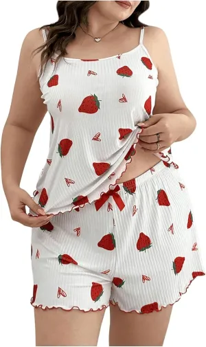 GORGLITTER Women's Plus Size 2 Piece Pajama Set Cute Printed Sleeveless Cami Top Lettuce Trim Shorts Loungewear