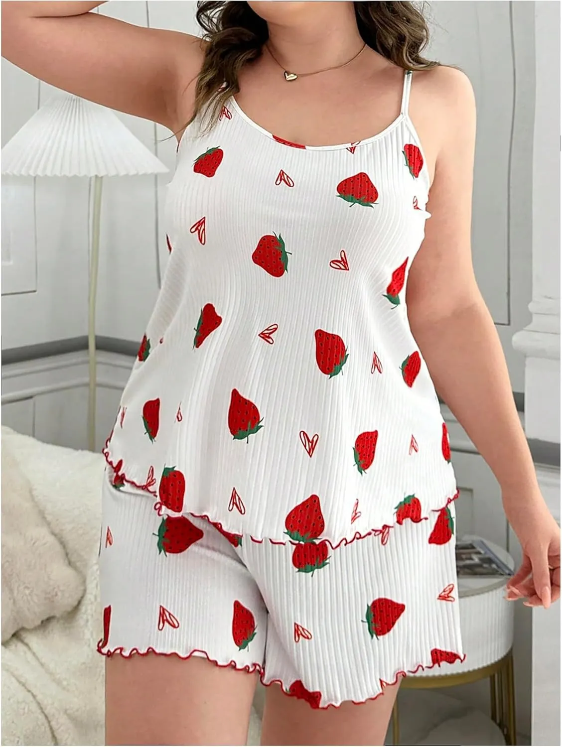 GORGLITTER Women's Plus Size 2 Piece Pajama Set Cute Printed Sleeveless Cami Top Lettuce Trim Shorts Loungewear