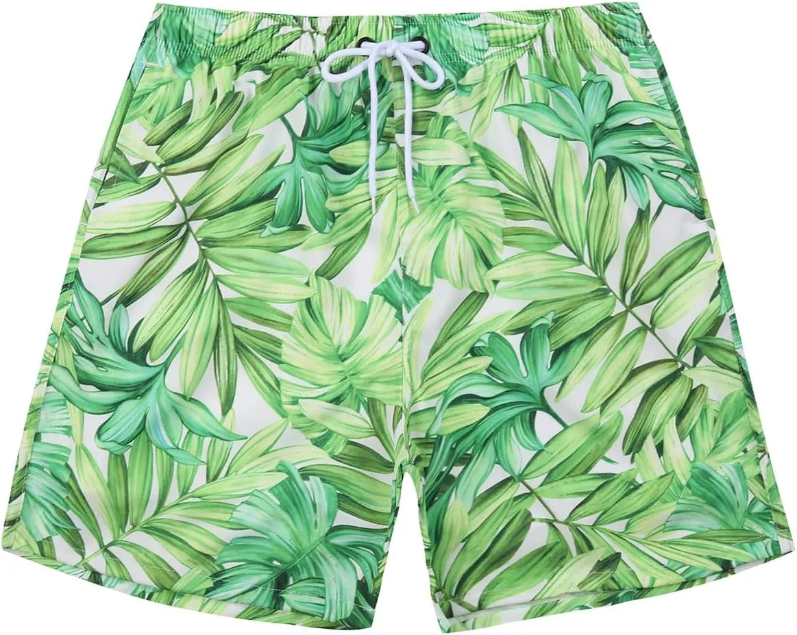 Green Leaves Matching Swimsuits for Couples, Women Bikini Set Thong Bottom Push Up Top/Men Swimtrunks