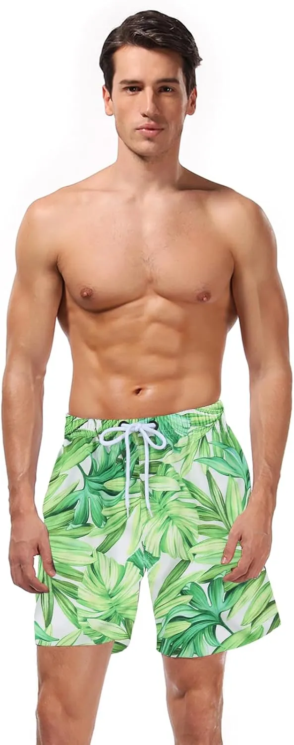 Green Leaves Matching Swimsuits for Couples, Women Bikini Set Thong Bottom Push Up Top/Men Swimtrunks