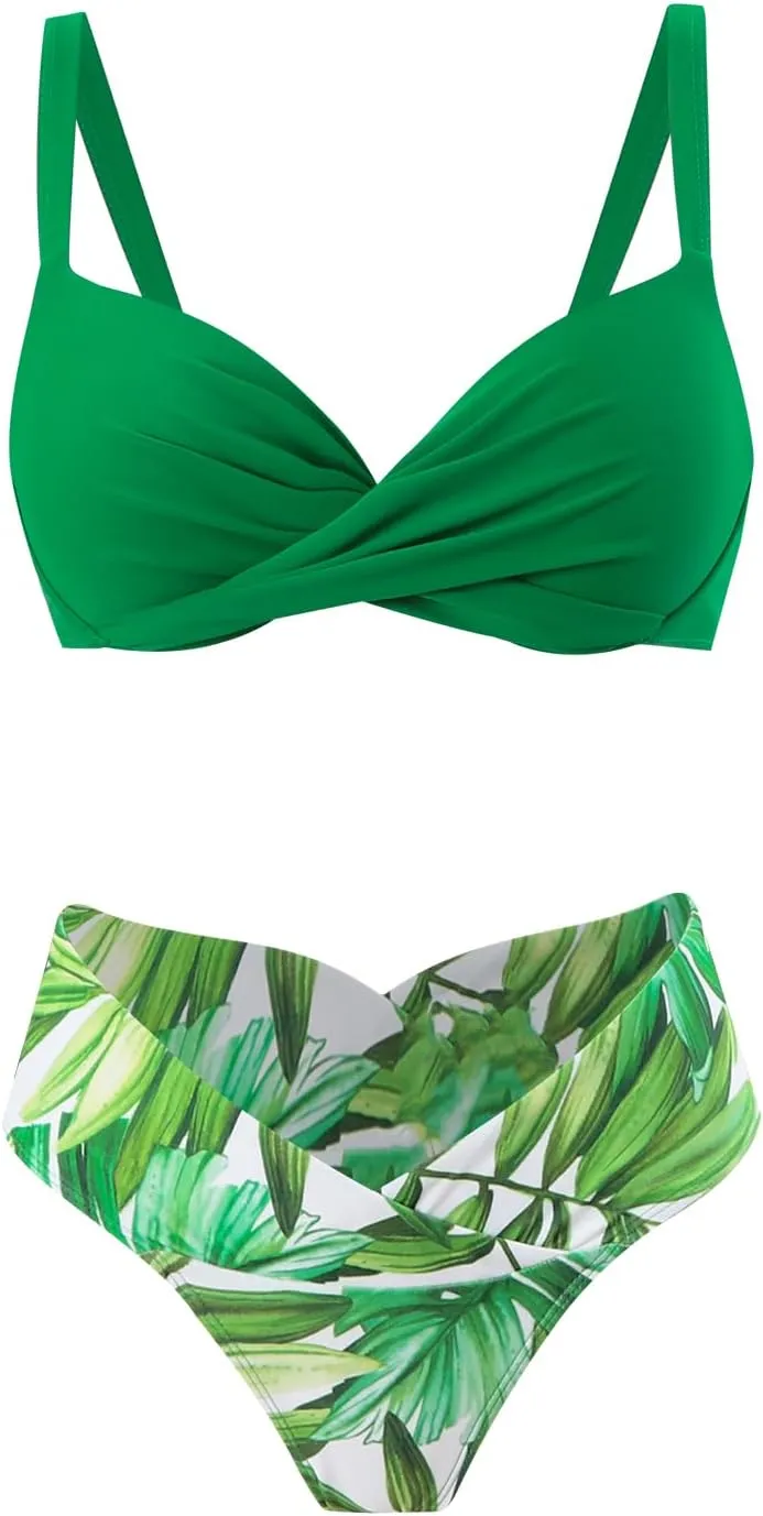 Green Leaves Matching Swimsuits for Couples, Women Bikini Set Thong Bottom Push Up Top/Men Swimtrunks