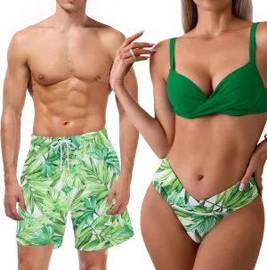 Green Leaves Matching Swimsuits for Couples, Women Bikini Set Thong Bottom Push Up Top/Men Swimtrunks
