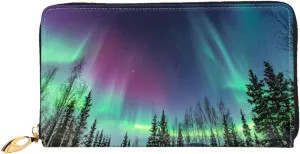 Green Purple Northern Lights Leather Wallet Credit Card Holder Wallet Fashion Wristlet Wallet Clutch Purse For Women And Men