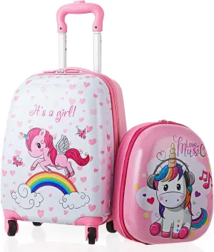 GYMAX 2Pcs Kids Carry On Luggage Set, 16" & 12" Unicorn Travel Suitcase with Spinner Wheels, Kids Rolling Luggage for Boys & Girls (Unicorn)