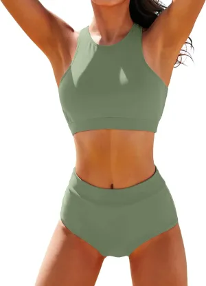 High Waisted Bikinis for Women High Neck Sporty Racerback Crop Top Swimsuit High Cut Two Piece Bathing Suit XS-XXL