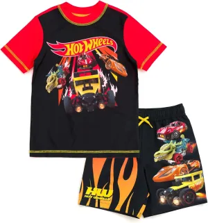 Hot Wheels UPF 50  Pullover Rash Guard and Swim Trunks Outfit Set Toddler to Big Kid
