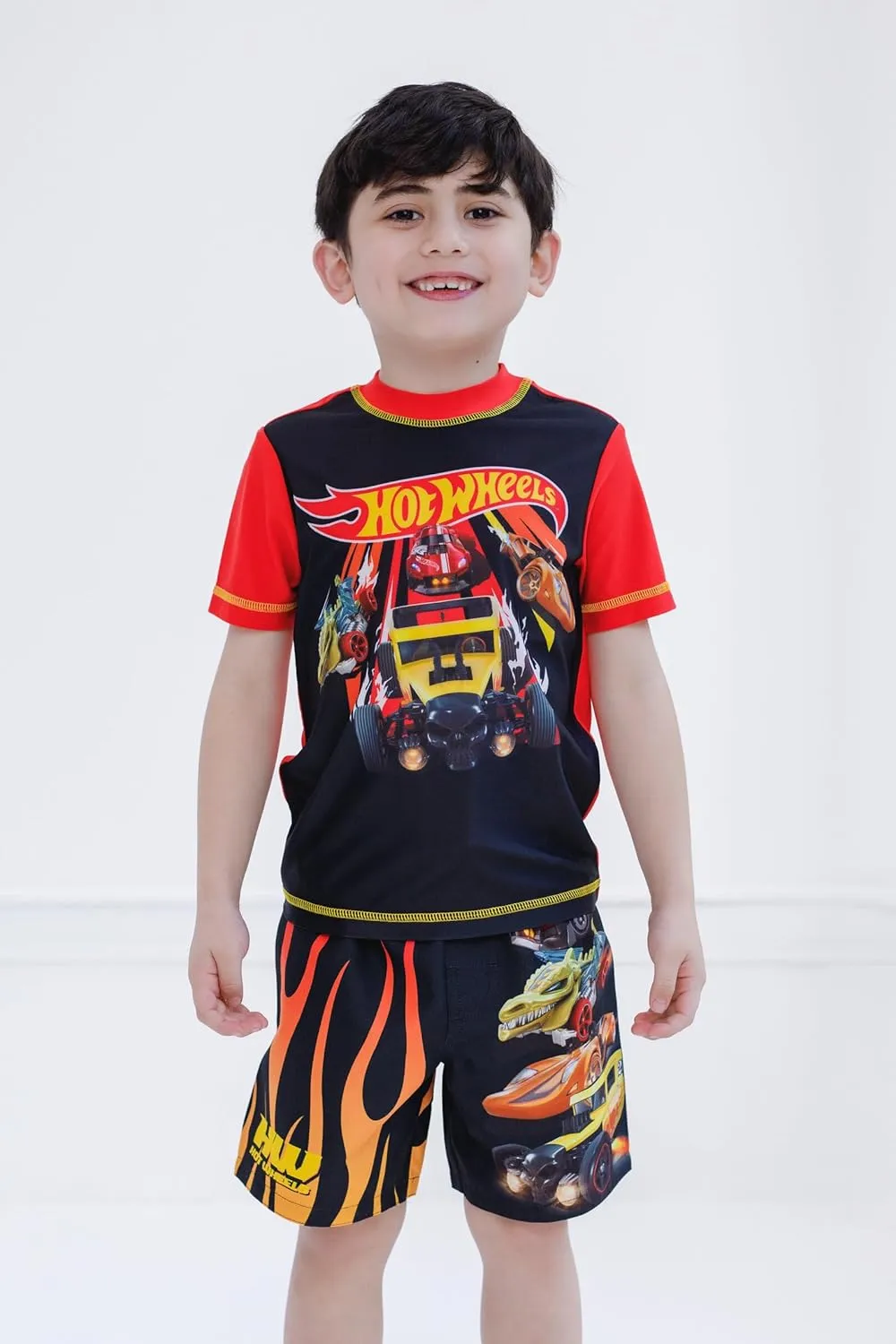 Hot Wheels UPF 50  Pullover Rash Guard and Swim Trunks Outfit Set Toddler to Big Kid
