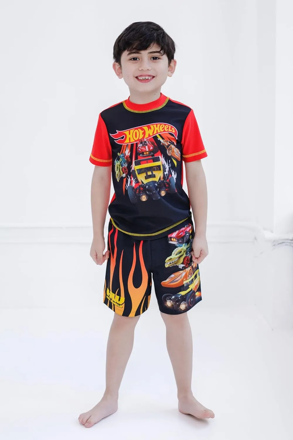 Hot Wheels UPF 50  Pullover Rash Guard and Swim Trunks Outfit Set Toddler to Big Kid