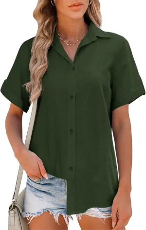 HOTOUCH Button Down Shirt Women Cotton Short Sleeve Blouses V Neck Collared Button Up Summer Beach Tops