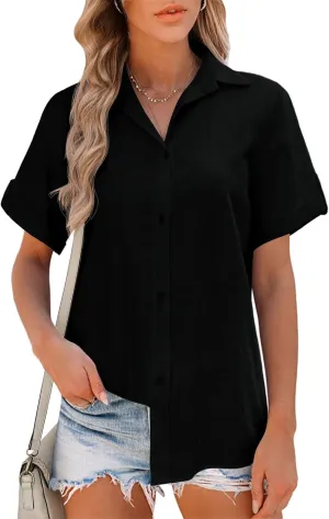 HOTOUCH Button Down Shirt Women Cotton Short Sleeve Blouses V Neck Collared Button Up Summer Beach Tops