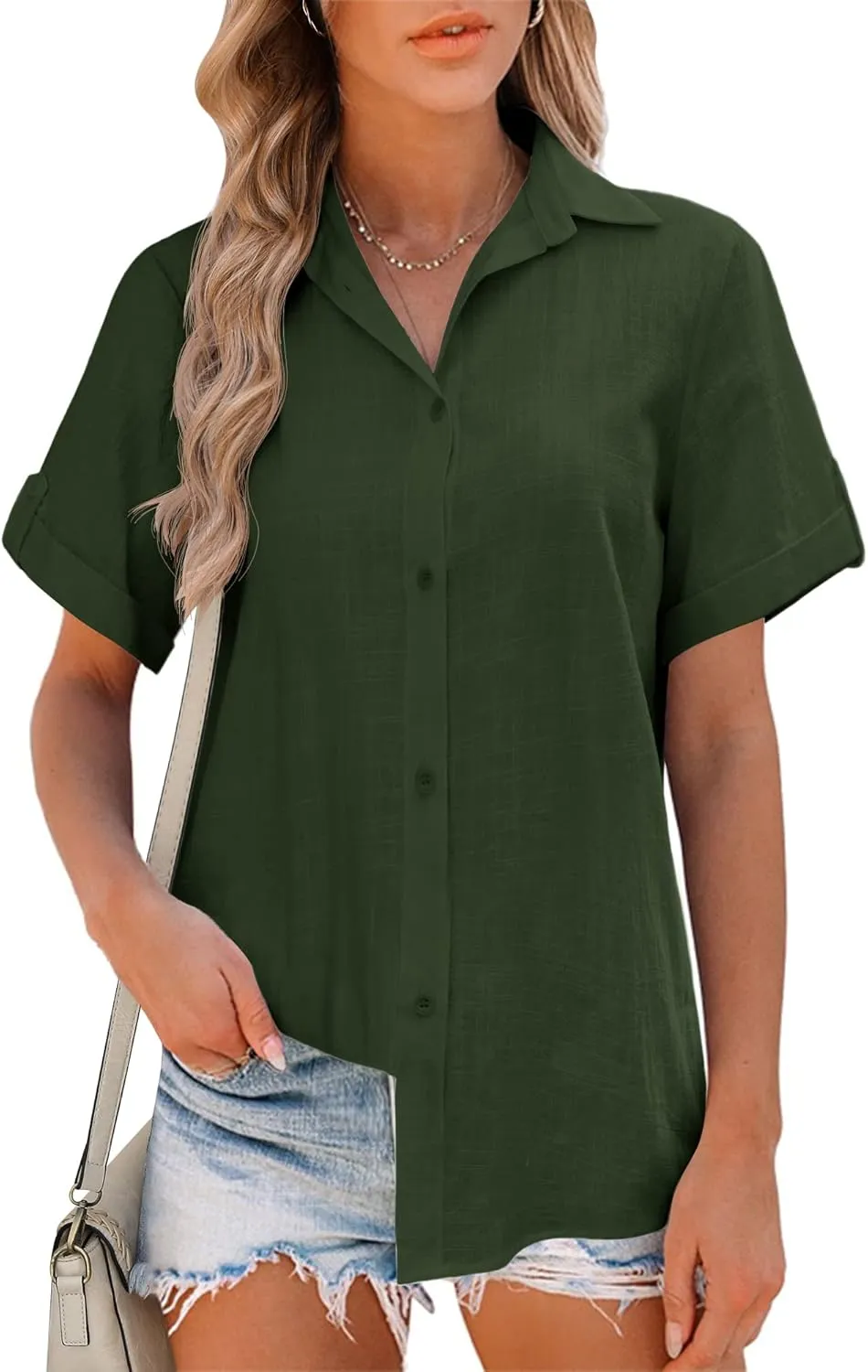 HOTOUCH Button Down Shirt Women Cotton Short Sleeve Blouses V Neck Collared Button Up Summer Beach Tops