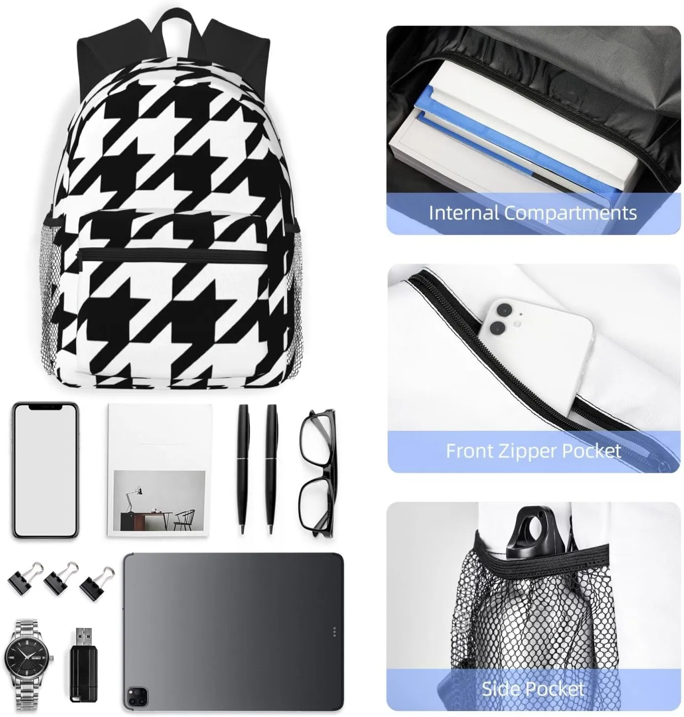 Houndstooth Black Laptop Backpack For Women Men,15.7 Inch Work Business Backpacks,Large Capacity Bag For Work