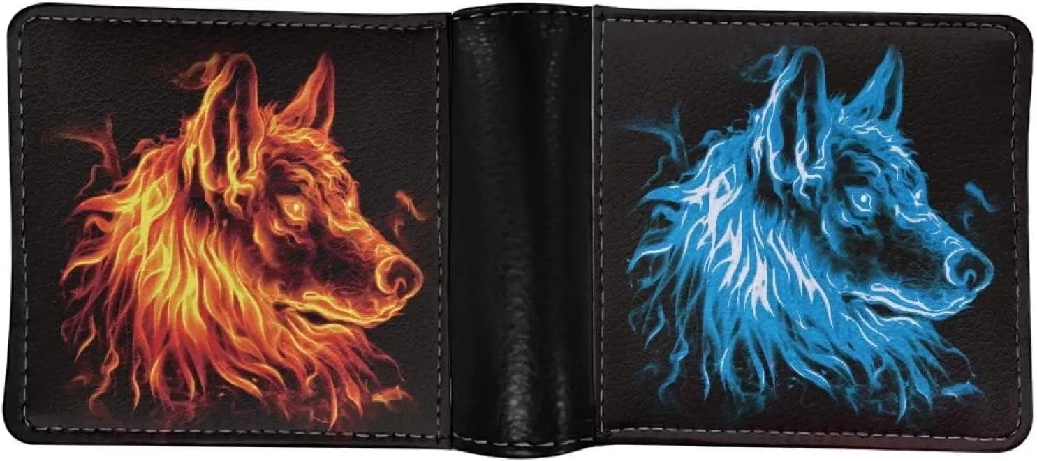 Ice Wolf Fire Wolf Bifold Wallet Gifts Purse for Boys Kids Gifts Wallet Card Holder Clutch Credit Card Case Money Clips Gifts Cool Wolf