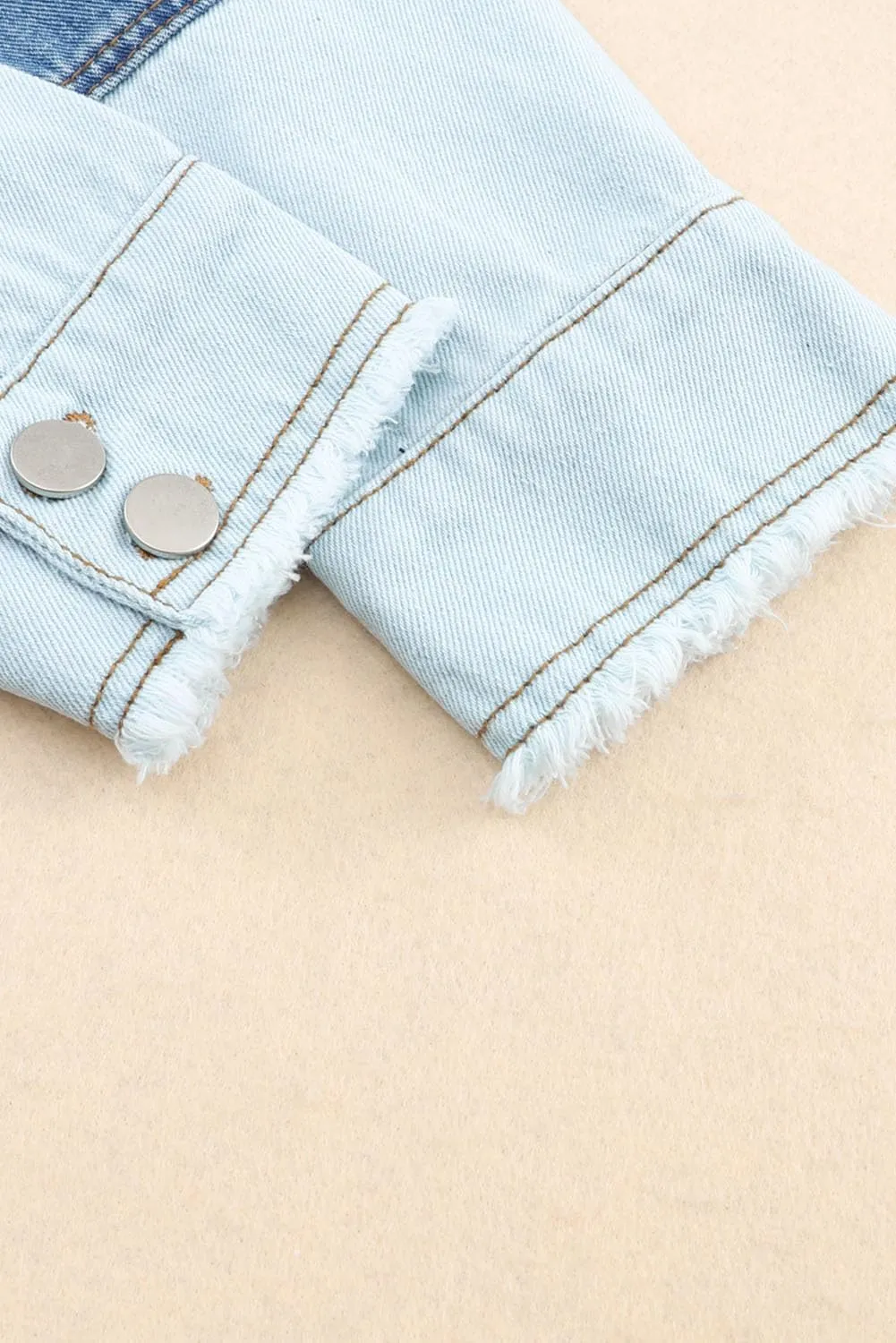 Irsutey Womens Color Block Button Down Denim Jacket Long Sleeve Boyfriend Jean Jacket Pocketed Shirred Coat Blouses