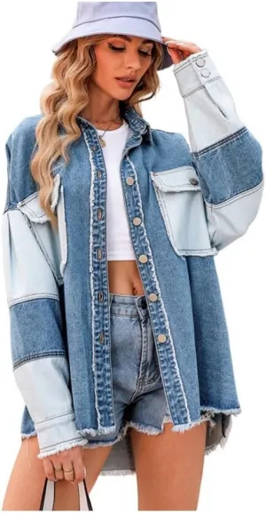 Irsutey Womens Color Block Button Down Denim Jacket Long Sleeve Boyfriend Jean Jacket Pocketed Shirred Coat Blouses
