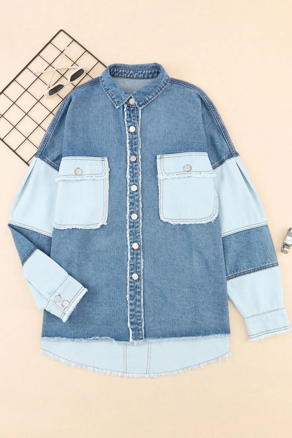 Irsutey Womens Color Block Button Down Denim Jacket Long Sleeve Boyfriend Jean Jacket Pocketed Shirred Coat Blouses