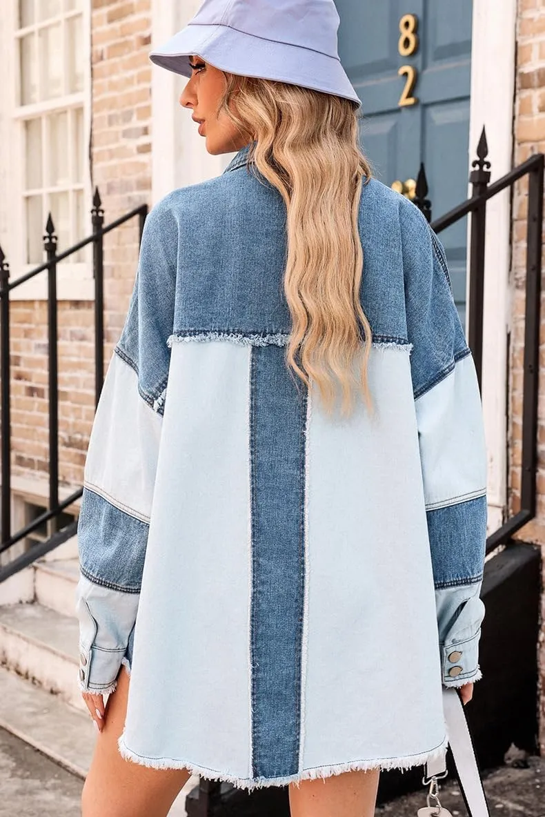 Irsutey Womens Color Block Button Down Denim Jacket Long Sleeve Boyfriend Jean Jacket Pocketed Shirred Coat Blouses