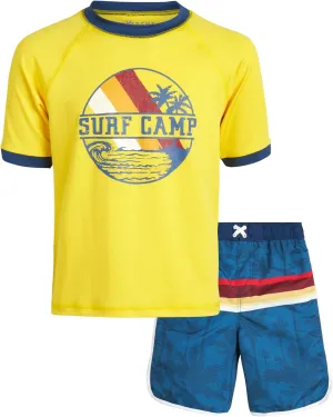 iXtreme Boys Rash Guard Set - 2 Piece UPF50  Sun Protection Quick Dry Short Sleeve Swim Shirt & Swim Trunks for Boys (12M-14)