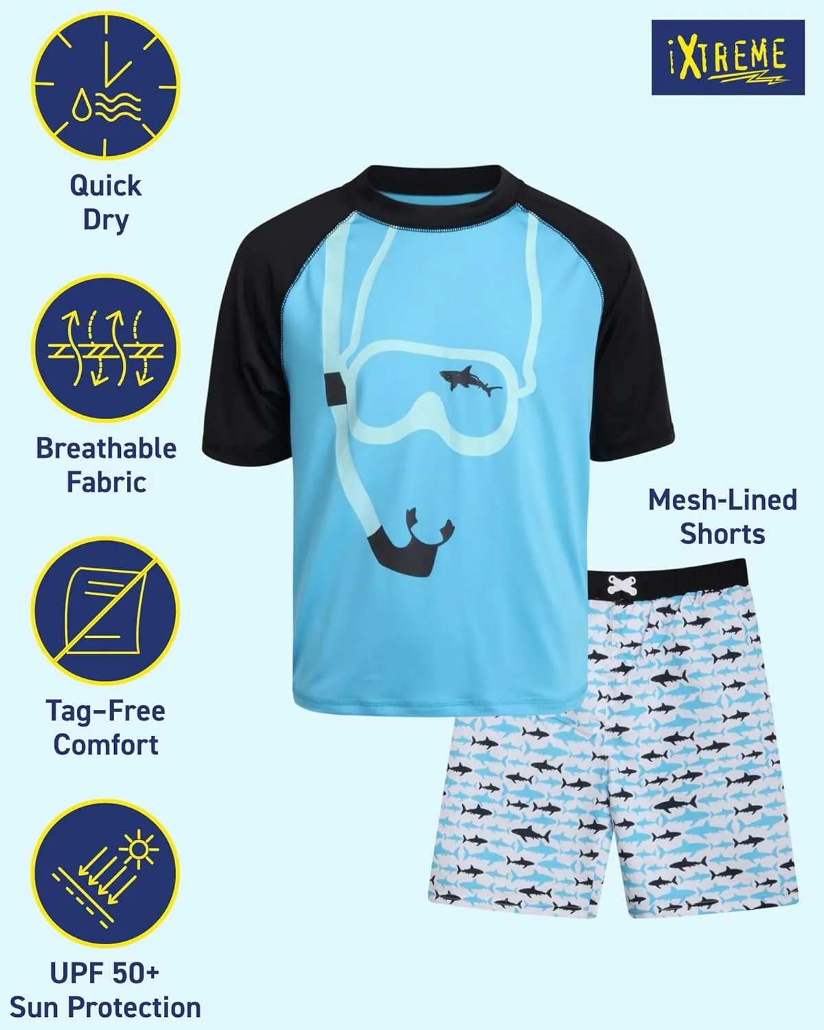 iXtreme Boys Rash Guard Set - 2 Piece UPF50  Sun Protection Quick Dry Short Sleeve Swim Shirt & Swim Trunks for Boys (12M-14)